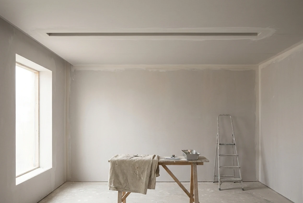 Drywall ceiling with a recessed light slot during finishing
