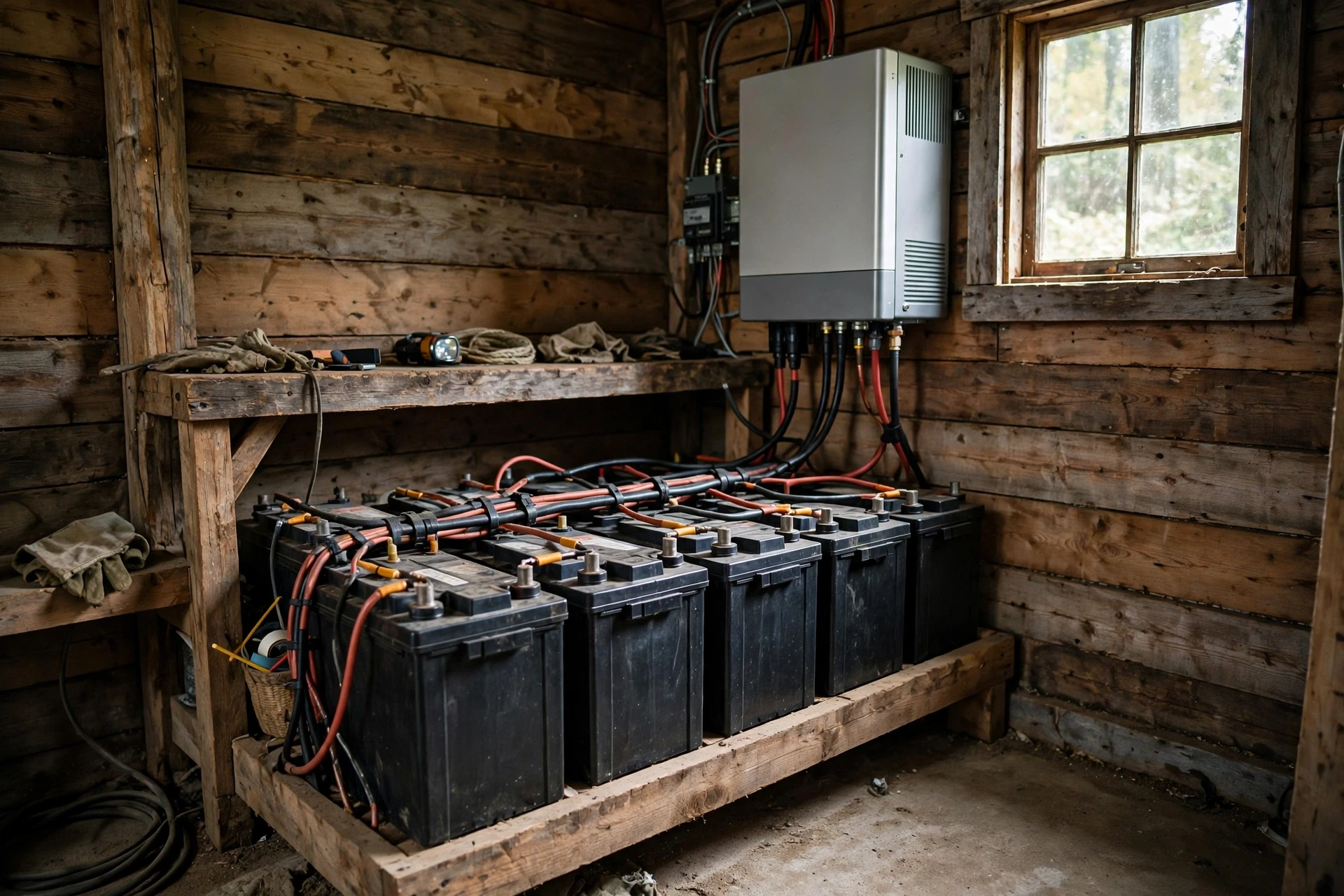 Bank of deep-cycle solar batteries wired in series on a rack inside a cabin utility room