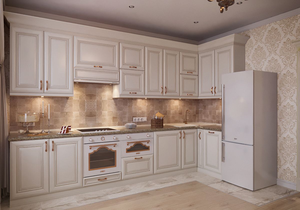 Белая кухня в классическом стиле, фасады - массив дерева
