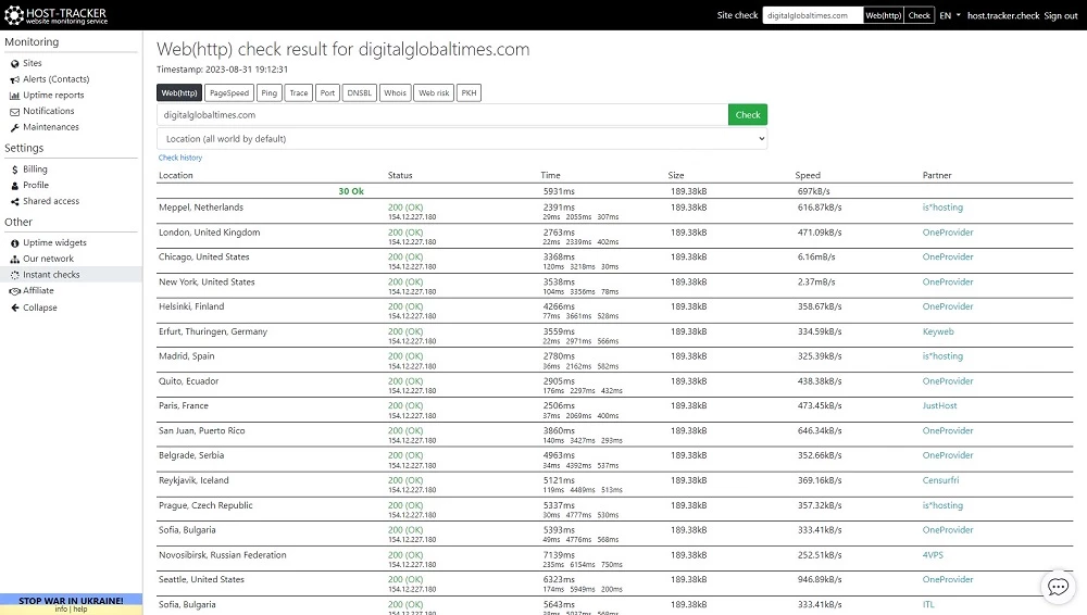 ping site from any location on host tracker