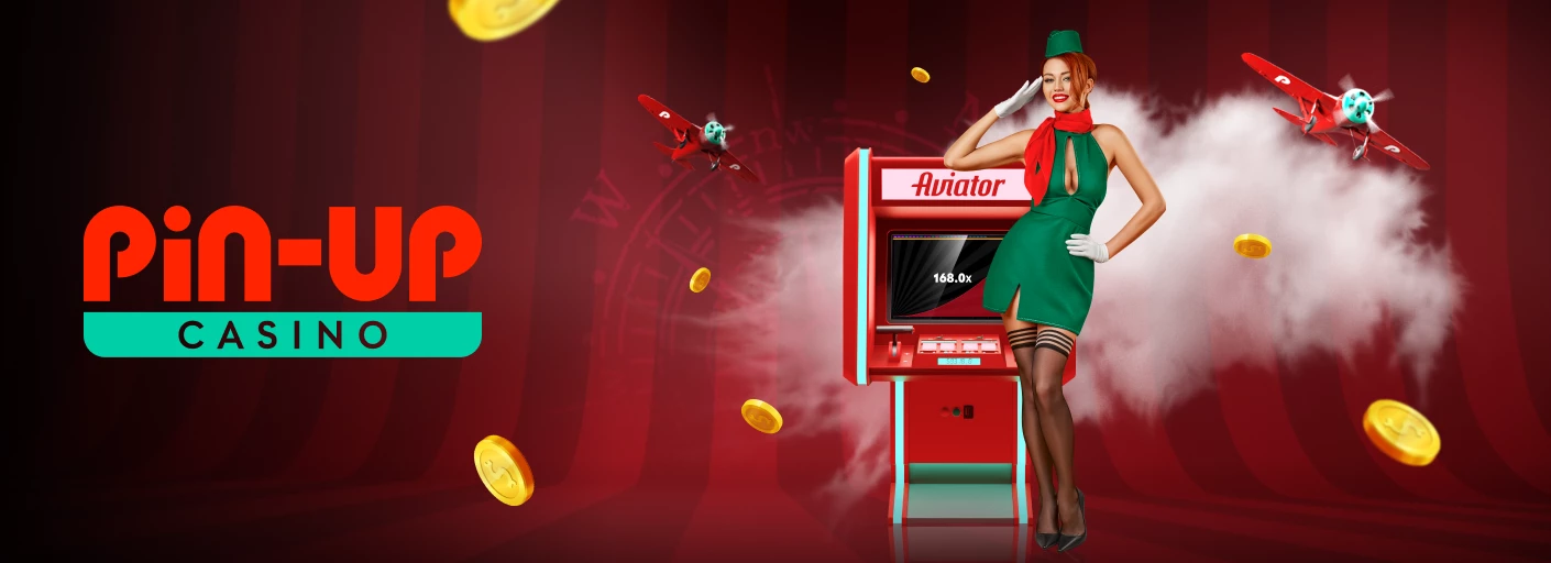 Лого казино Пин Ап на красном фоне с девушкой-стюардессой, самолетом, игровым автоматом и монетами