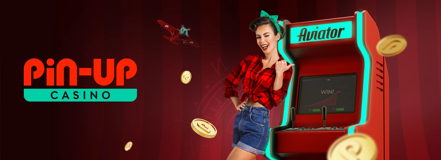 Лого Пін Ап казино на багряному фоні з дівчиною, ігровим автоматом та казиношними знаками