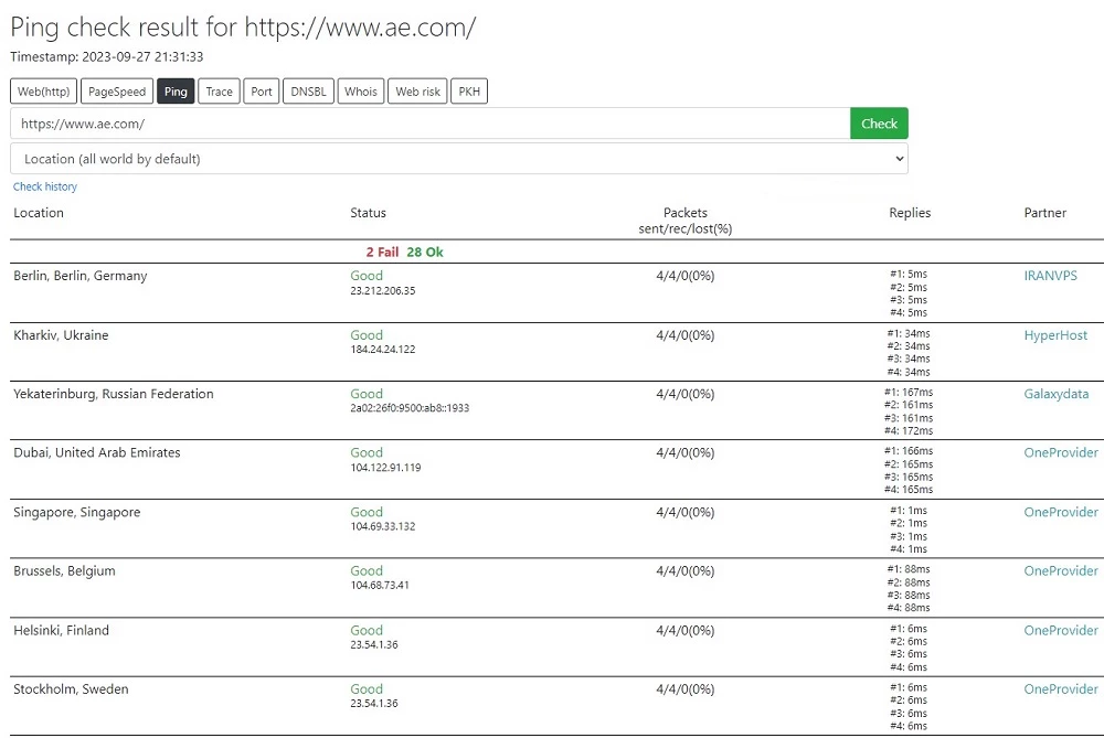 ping site online tool from hosttracker