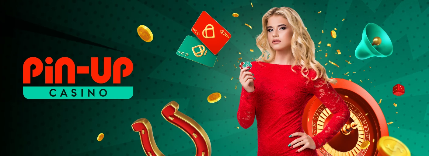 Логотип казино Пінап Україна на зеленому фоні з дівчиною та казиношними знаками