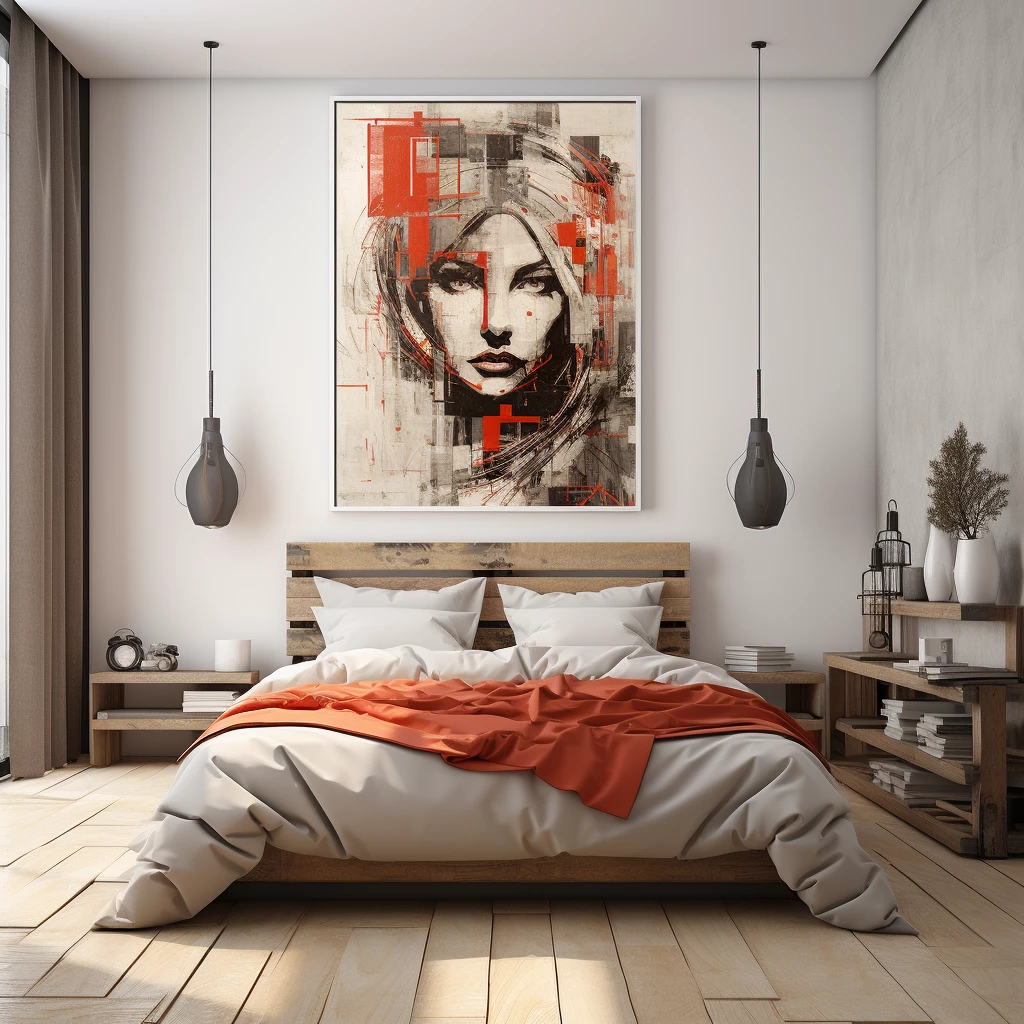 Абстрактная картина с женским лицом в интерьере спальни