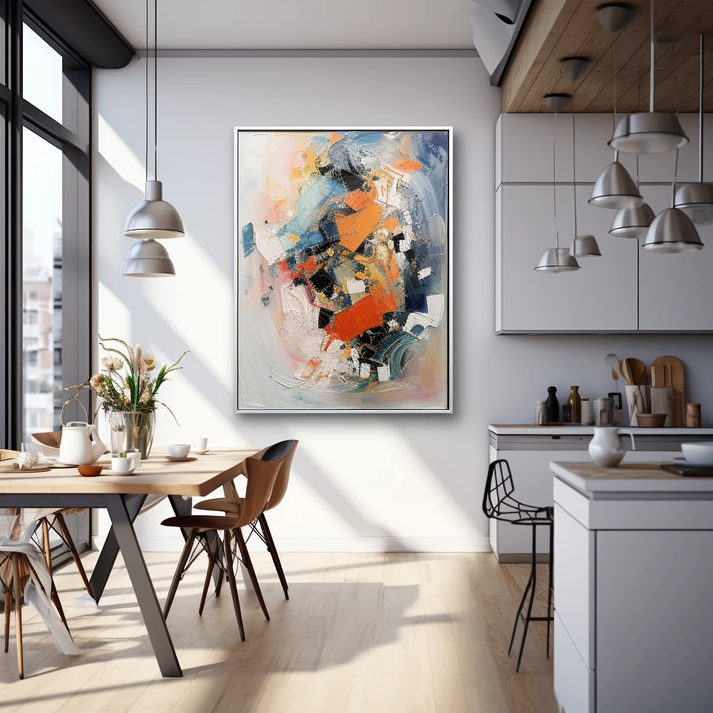 Абстрактная картина с яркими пятнами в интерьере кухни