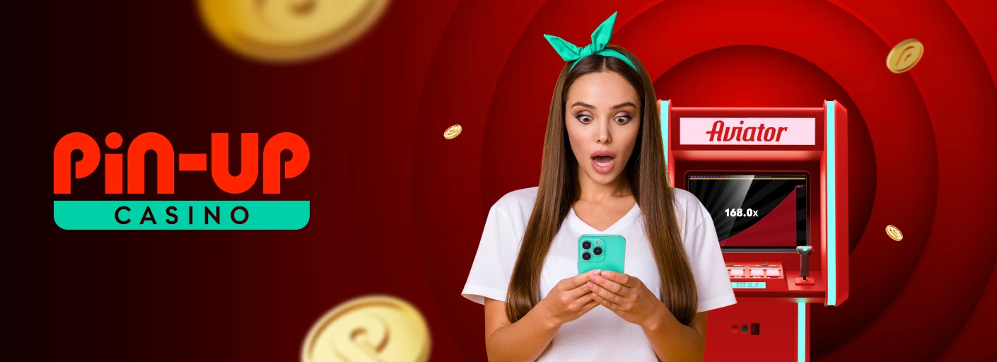 логотип Пін Ап казино Україна на червоному фоні з дівчиною та гральним автоматом