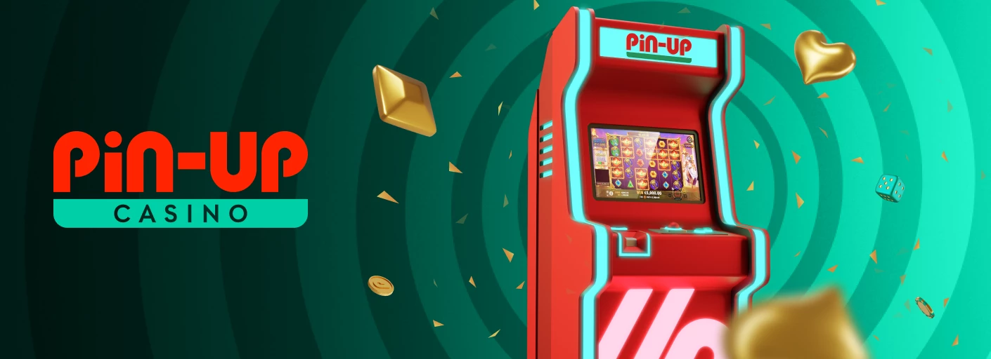 Логотип казино Pin-up на зеленому фоні з гральним автоматом
