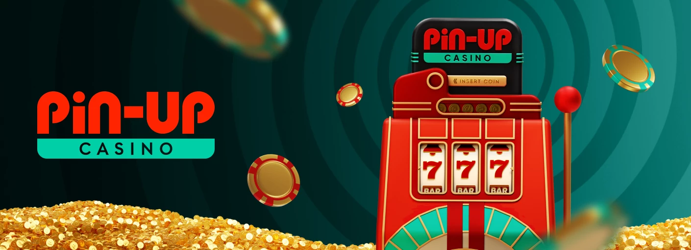 Логотип онлайн-казино Пін Ап Україна на зеленому фоні з гральним автоматом, монетами та казиношними фішками