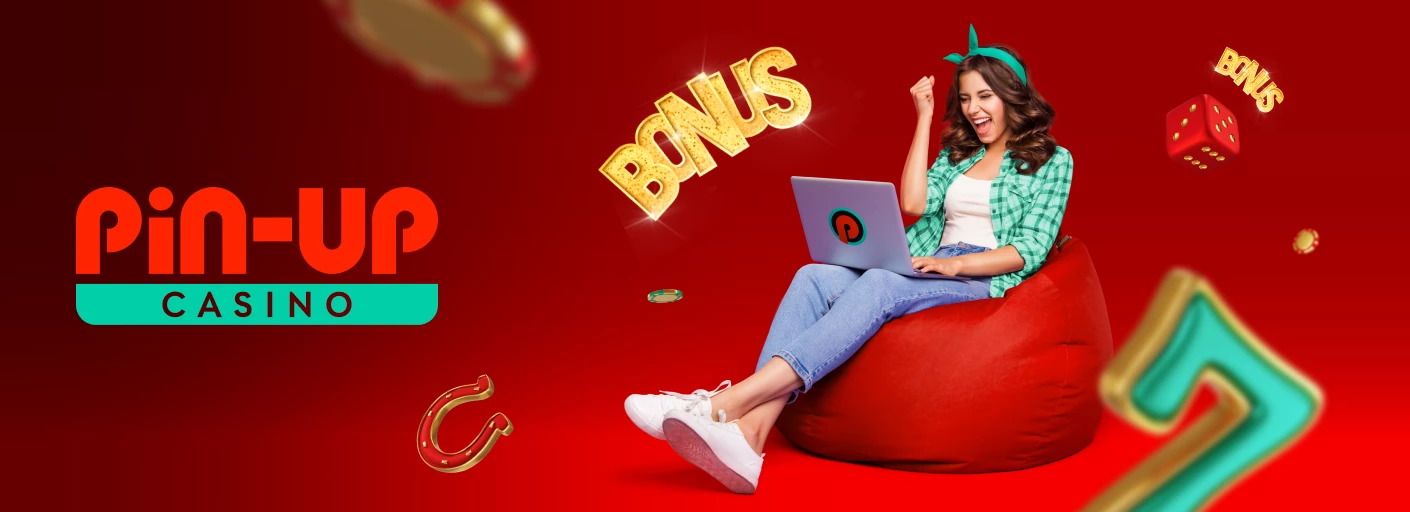 логотип Pin Up казино з дівчиною з ноутбуком на червоному фоні з казиношними знаками