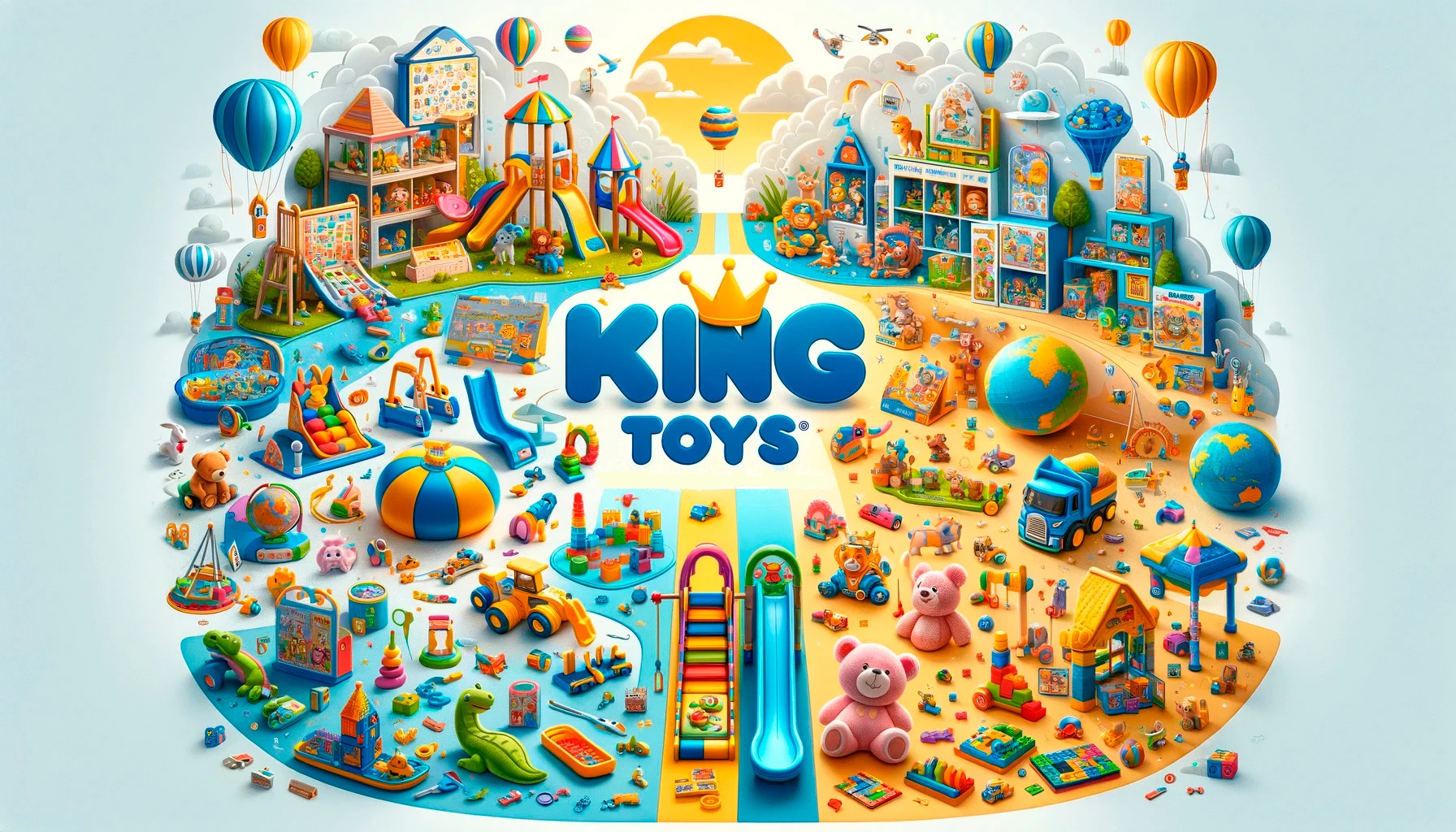 Ассортимент детских игрушек от компании King Toys: развивающие игры, оборудование для игр на свежем воздухе, конструкторы и мягкие игрушки на игривом, красочном фоне с тонкими акцентами украинского флага.