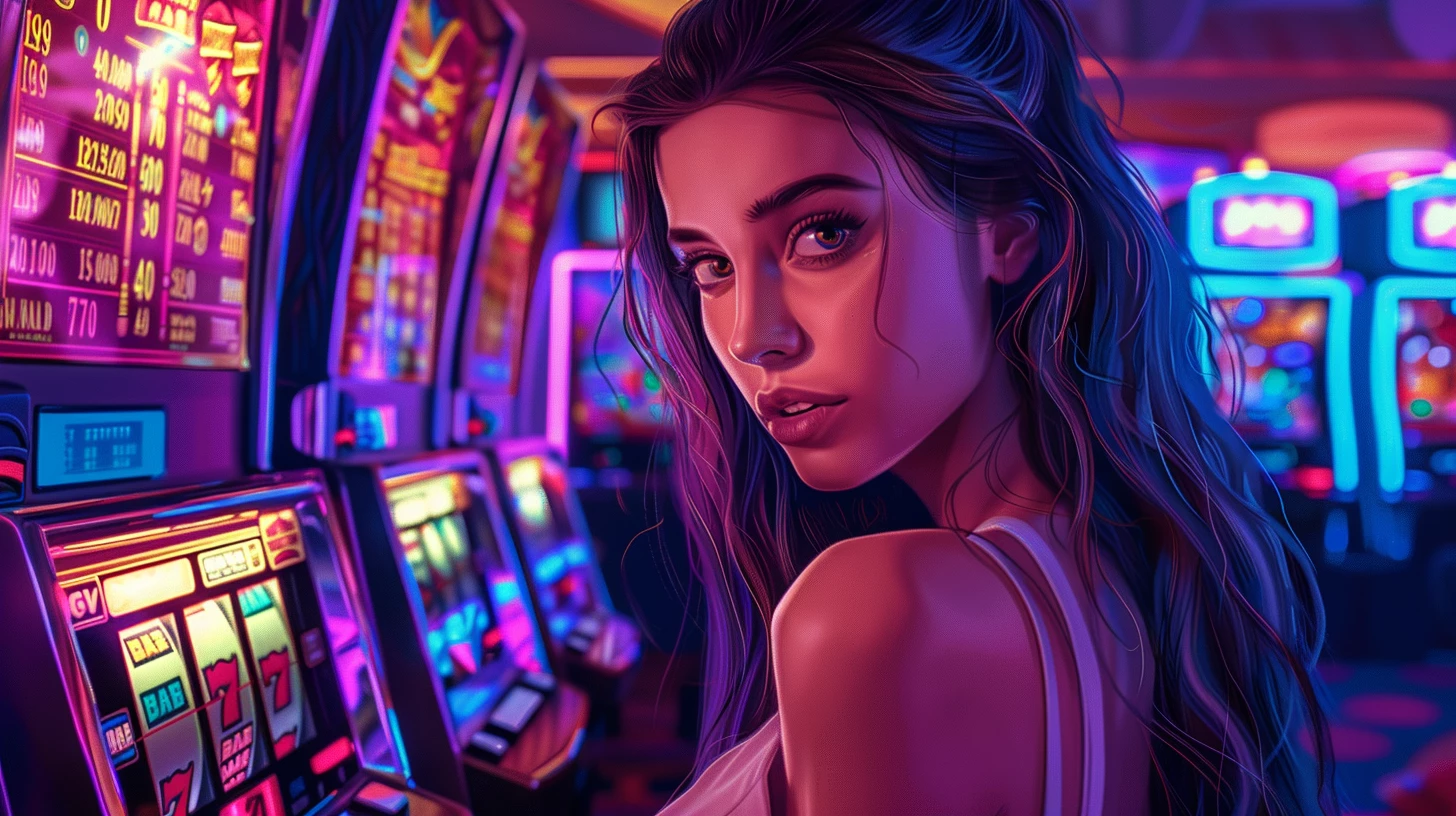 Девушка возле игрового автомата в казино