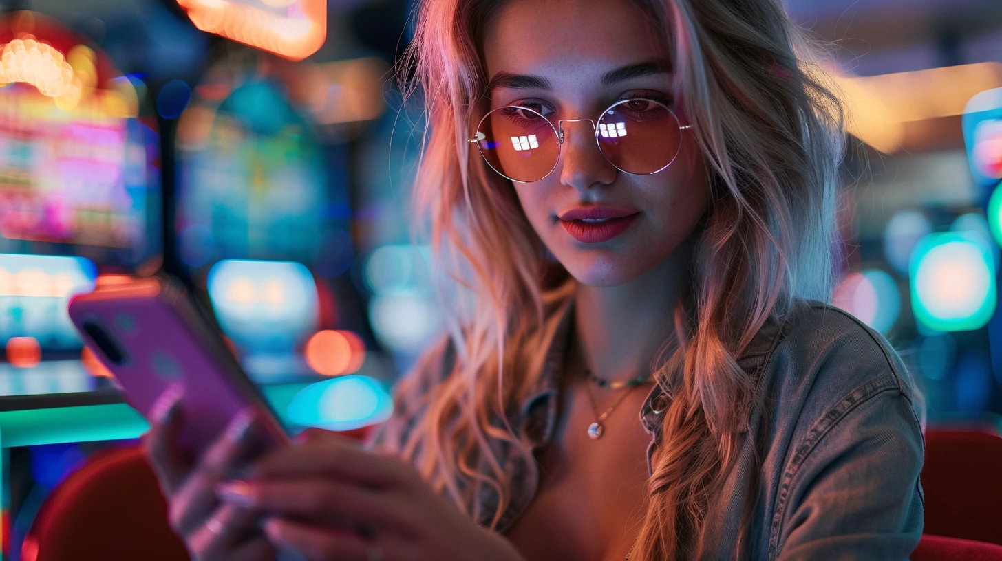 Дівчина зі смартфоном в руках в казино