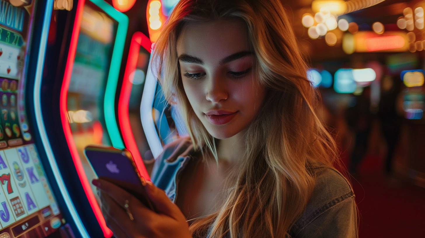 Девушка со смартфоном в руках возле игровых автоматов