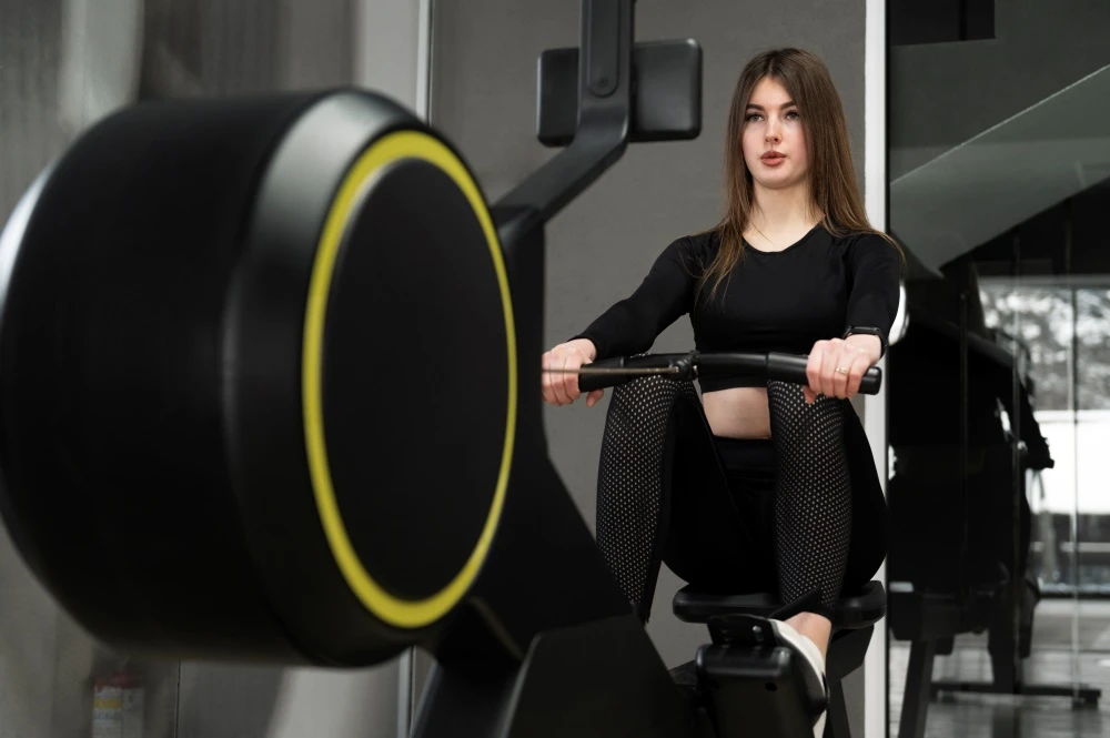 жінка займається на гребному тренажері Technogym