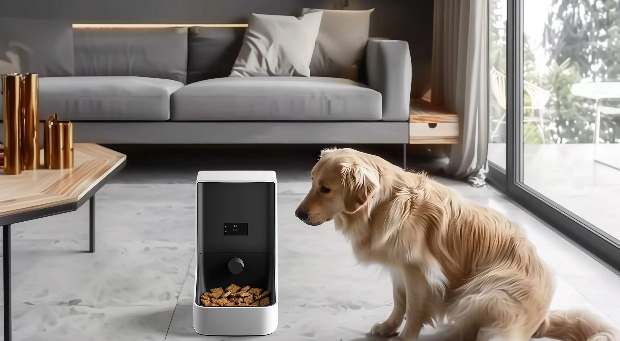 Golden Retriever looking at a smart pet feeder in a modern home.