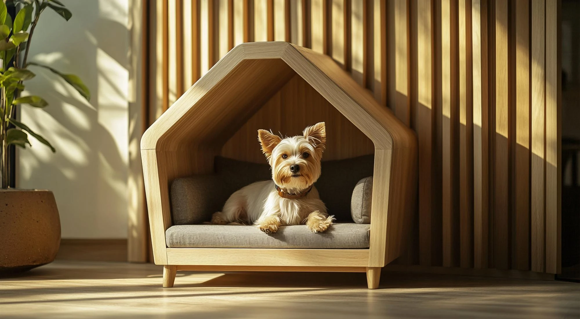Yorkshire Terrier relaxing in a stylish wooden dog house with soft cushions and natural sunlight.