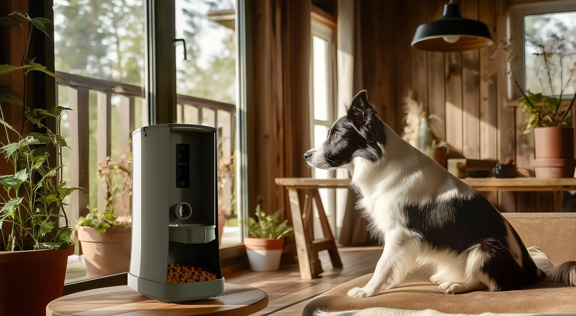 Border Collie attentively watching a smart pet feeder in a cozy home with natural light.