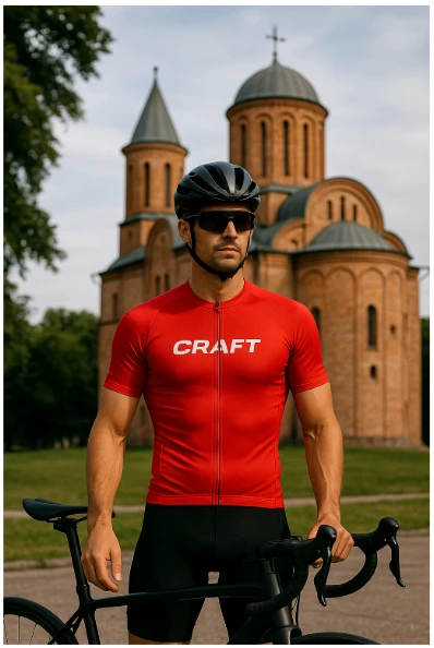 Велосипедист в красной велофутболке Craft у древней церкви в Чернигове