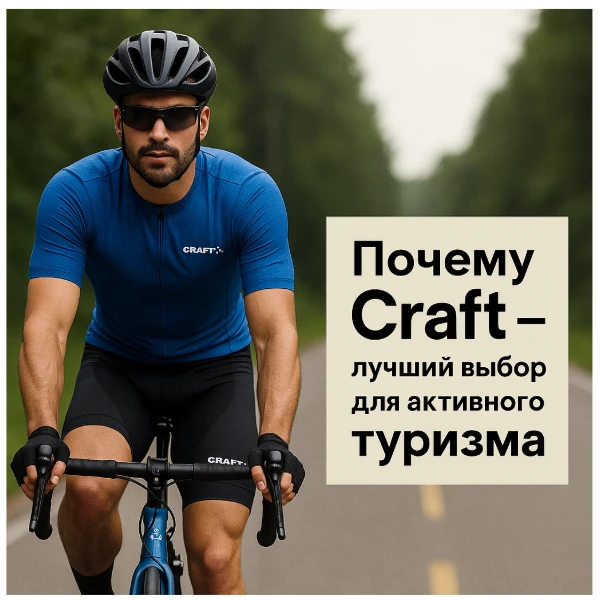 Циклист в синей велоформе Craft едет по трассе среди леса, рядом надпись 'Почему Craft – лучший выбор для активного туризма' на светлом фоне