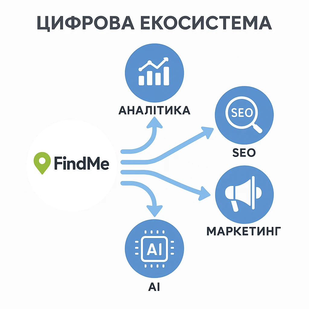 Цифрова екосистема FindMe — SEO, аналітика, маркетинг, автоматизація та AI-інструменти для розвитку бізнесу