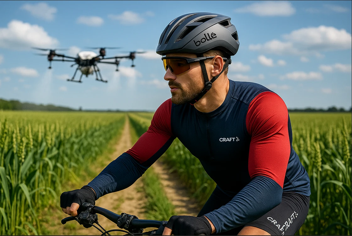 Велосипедист в шлеме Bolle и велоформе Craft едет по грунтовой дорожке между зелёными посевами; на заднем плане сельскохозяйственный дрон опрыскивает поля, символизируя связь спорта и агрохимии.