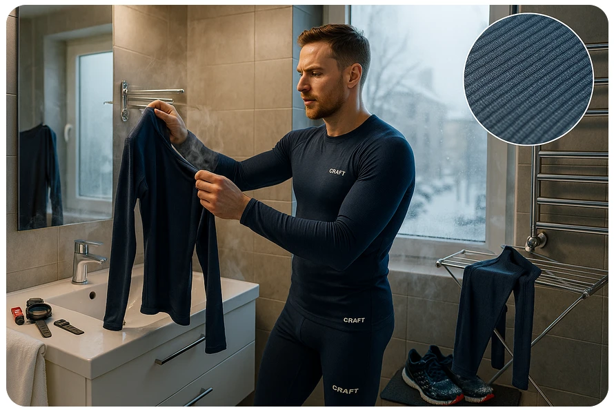 Мужчина в мужском термобелье Craft сушит верх базового слоя в современной ванной после зимней пробежки; виден пар, снежный пейзаж за окном, текстура ткани и беговые кроссовки у коврика