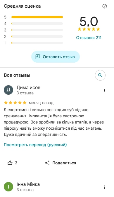 Изображение Google Business Profile с рейтингом 5 звезд и отзывами пациентов