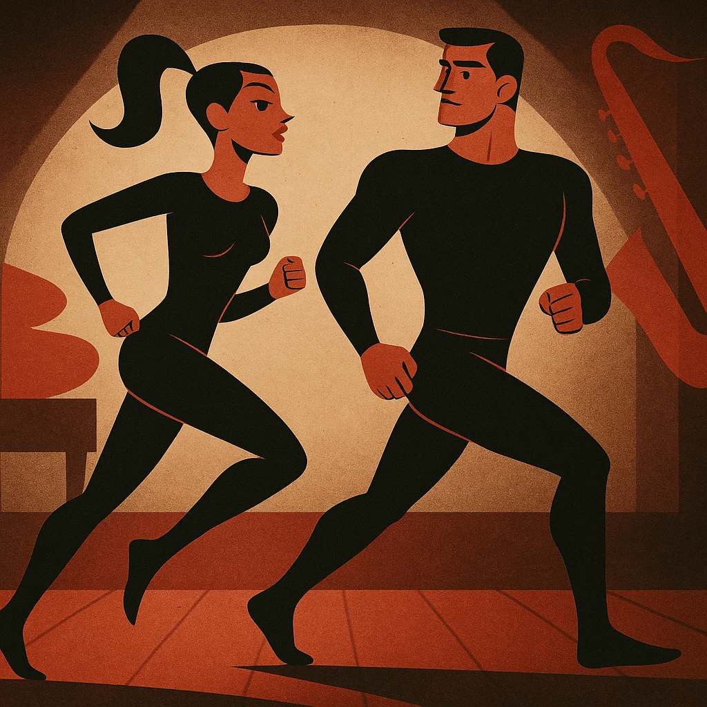 Ретро-вектор 1950-х: мужчина и женщина в чёрной термобелье Craft бегут на сцене джаз-клуба; ар-деко, плоские цвета, зернистая текстура.