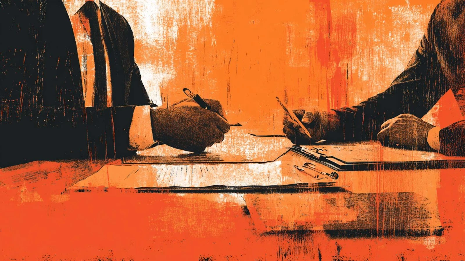Business meeting between lawyer and client with contracts on the table, illustrating legal review during the process to buy property in Portugal.