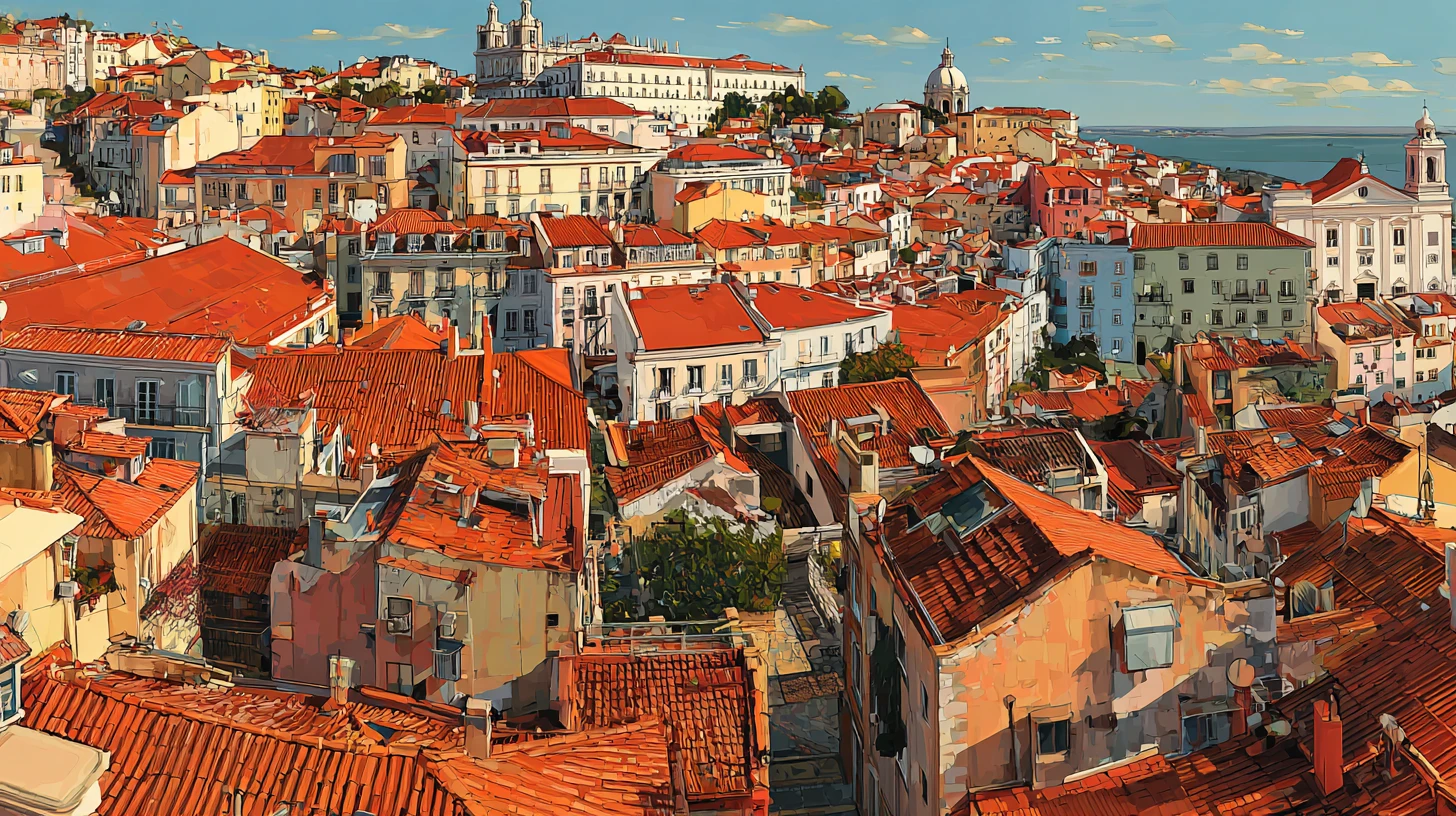 Panoramic rooftop view of Alfama and Lisbon city center, showcasing historic charm and prime areas for Lisbon real estate investment.