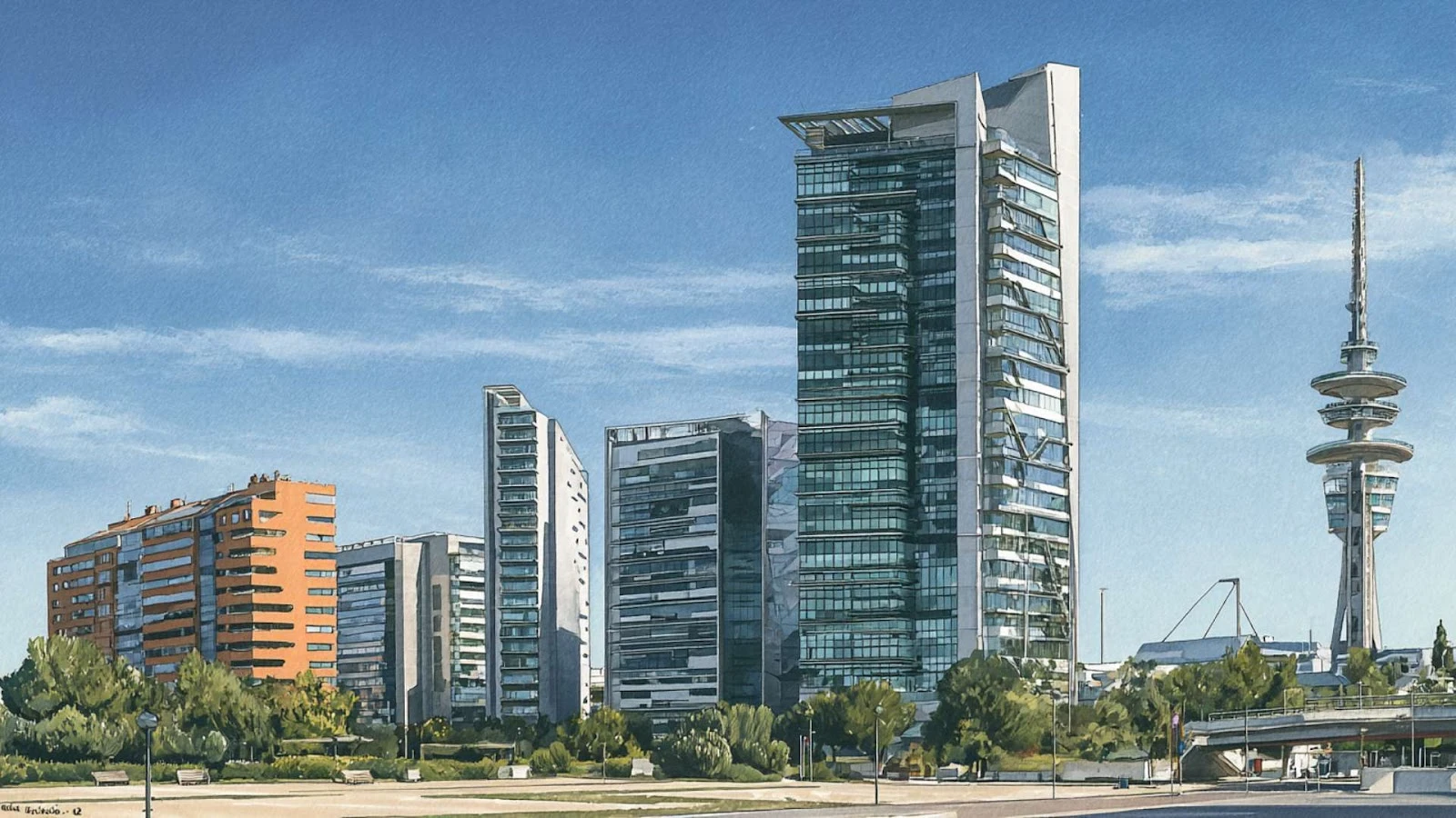 Modern office and residential buildings in Lisbon’s Parque das Nações, highlighting real estate investment potential.