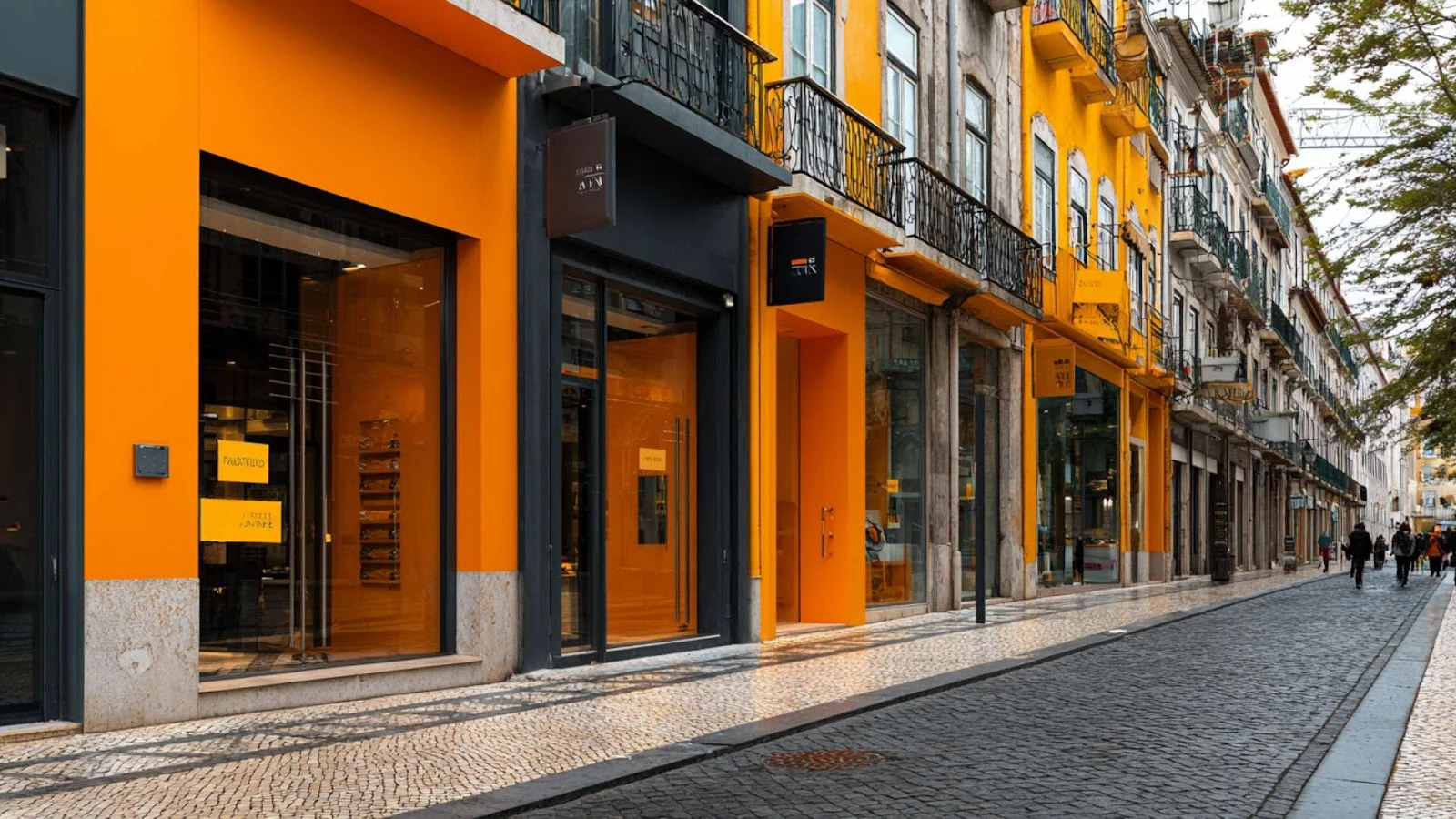 Contemporary retail storefronts in a high-footfall area, showcasing commercial real estate Portugal market dynamics.