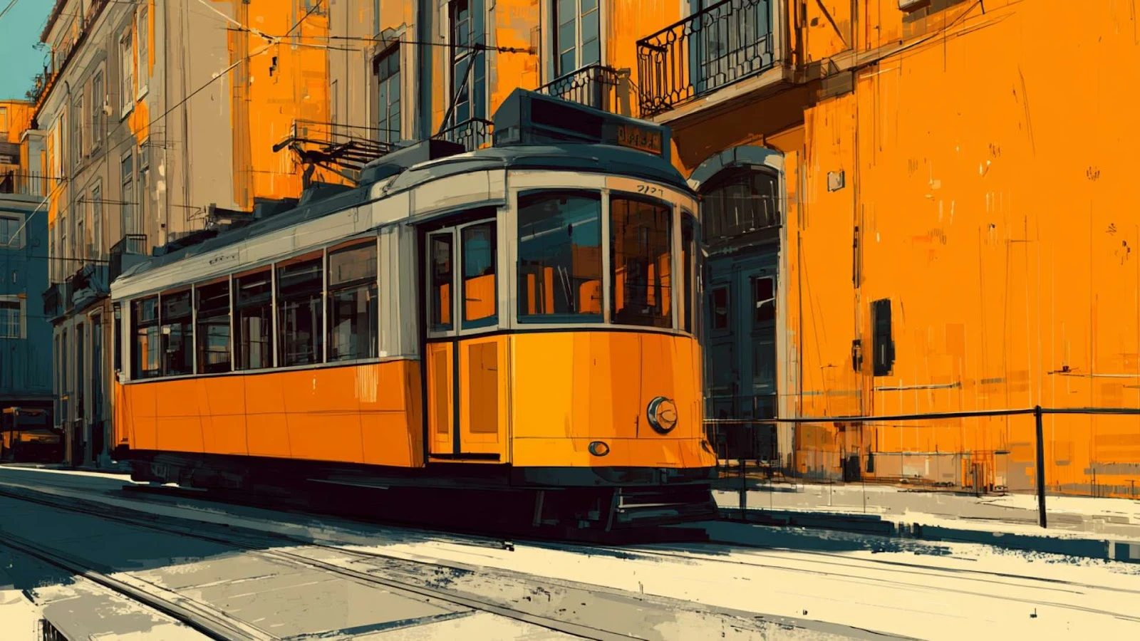 Lisbon tram moving through developed civic infrastructure, symbolizing stability in European property markets.