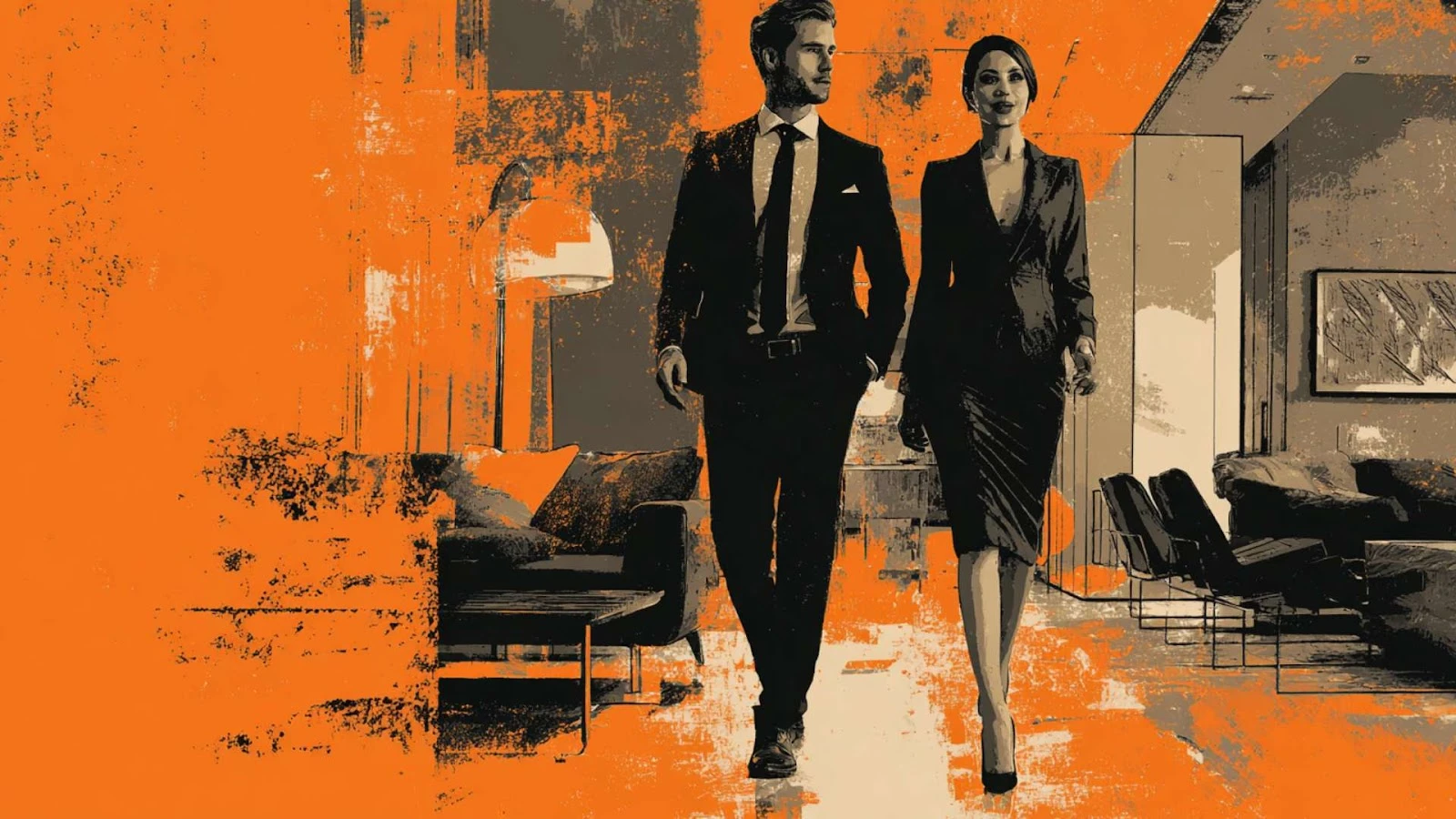 Real estate consultant guiding a client through a modern commercial space, focused on real estate investment services.