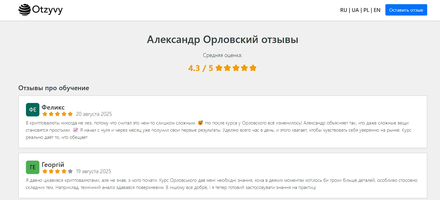 Отзывы о курсах Александра Орловского на сайте otzyvy.com.ua