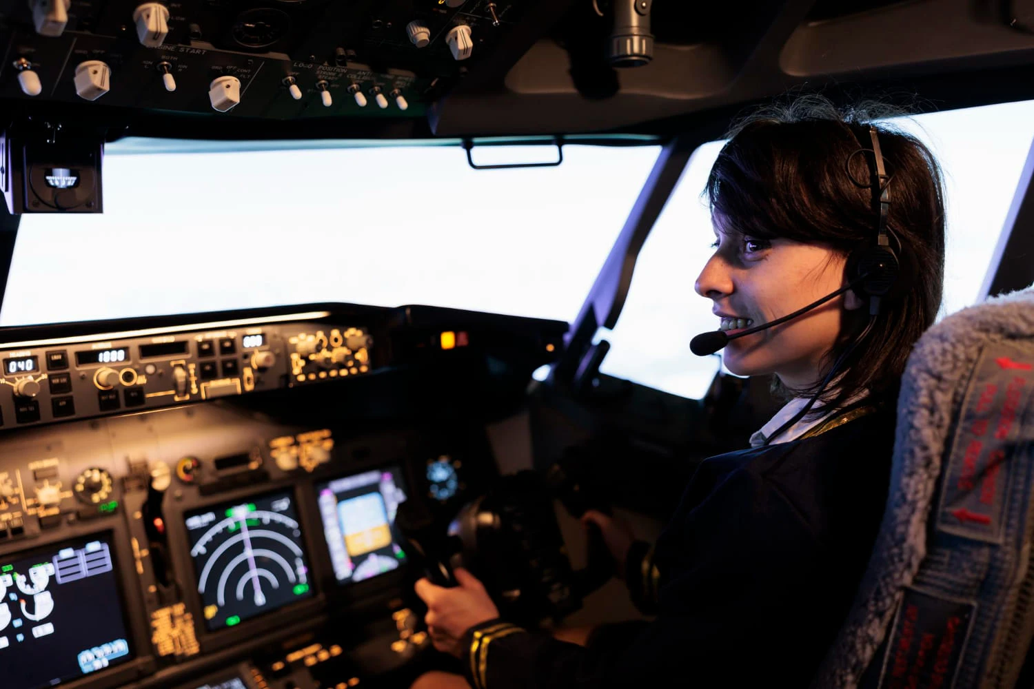 A girl flying an aircraft sat inside a cockpit 