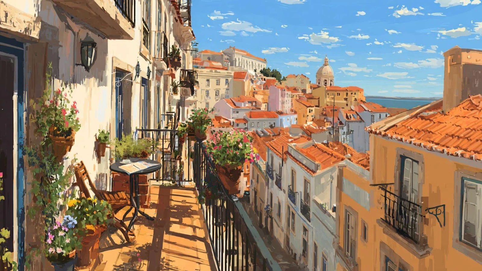 Balcony with flowers and table above Lisbon’s Alfama rooftops, reflecting lifestyle appeal and strong Portugal property rental yield for investors.