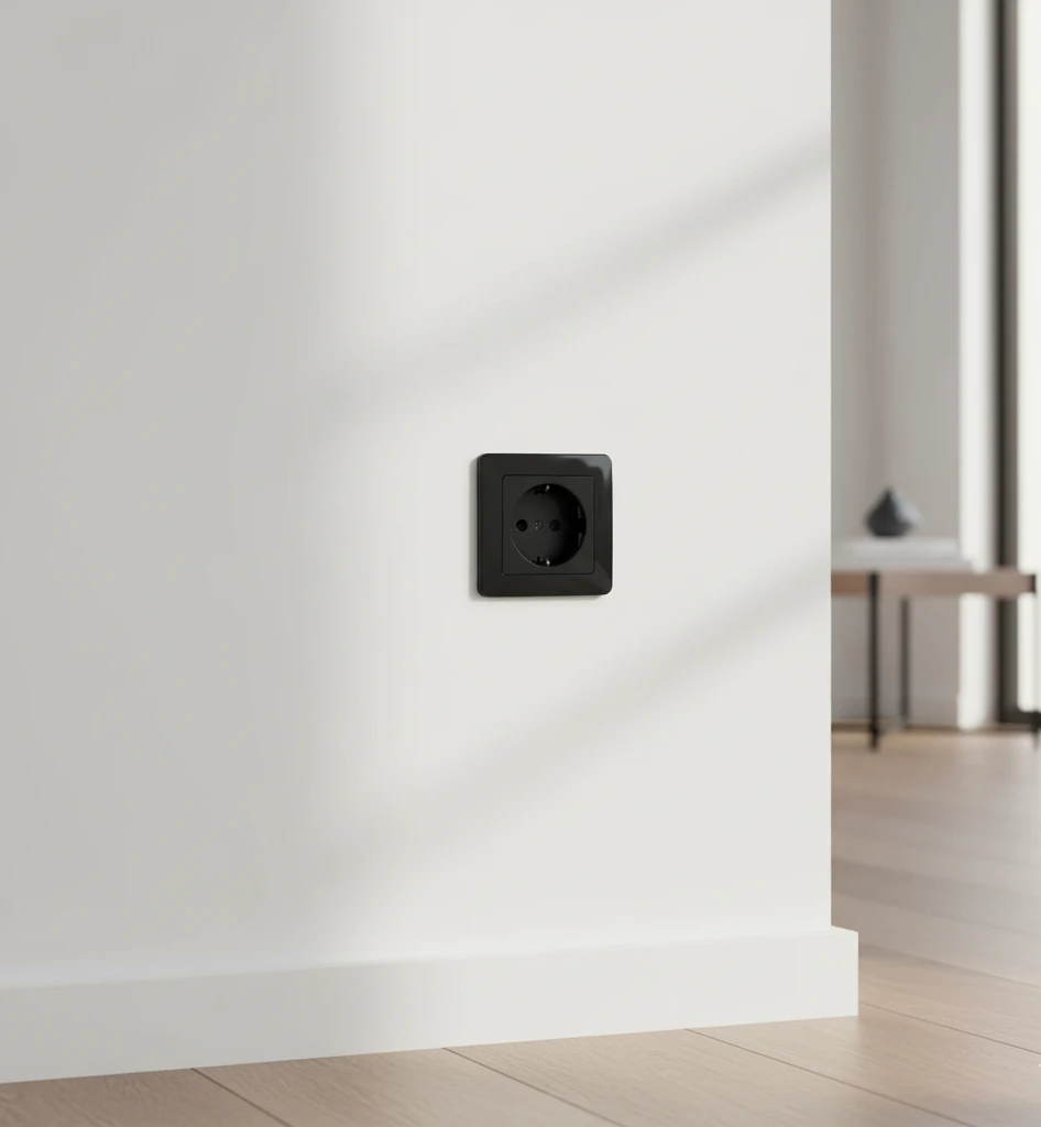 Чорна розетка Hager Lumina у сучасному інтер'єрі