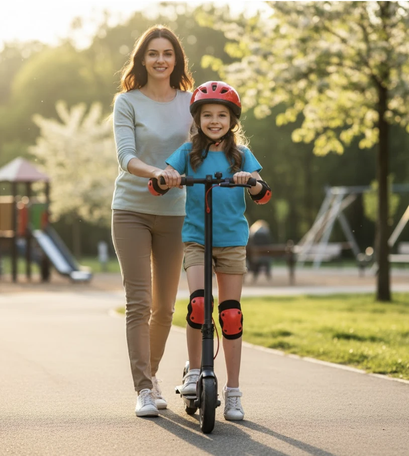 Ребенок в защитном шлеме на электросамокате