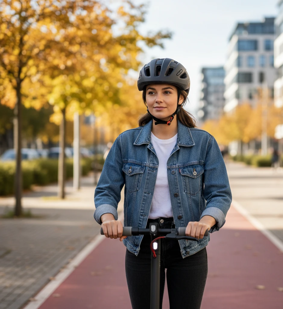 Користувач електросамоката у захисному шоломі їде містом