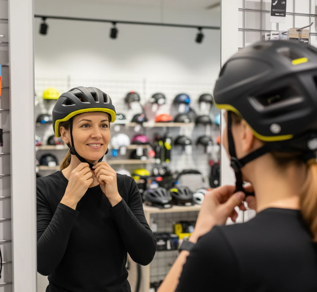 Людина перевіряє посадку шолома