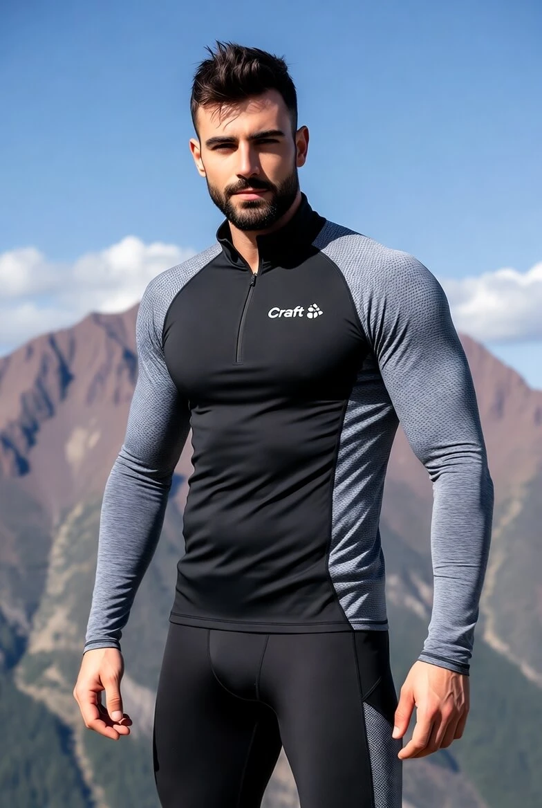 Мужская термокофта Craft с молнией до груди, серые рукава, тренировки в горах.