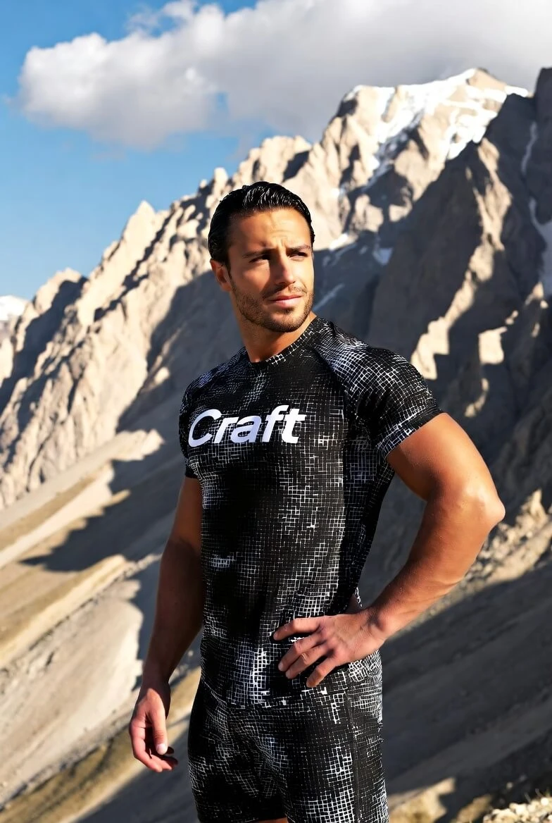 Мужская спортивная футболка Craft с коротким рукавом, чёрный принт, бег и треккинг в горах.
