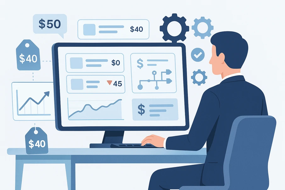 Специалист e-commerce анализирует данные о ценах конкурентов — бизнес-менеджер сидит за компьютером с экраном, на котором показаны графики, ценники, шестерёнки и иконки автоматизации.