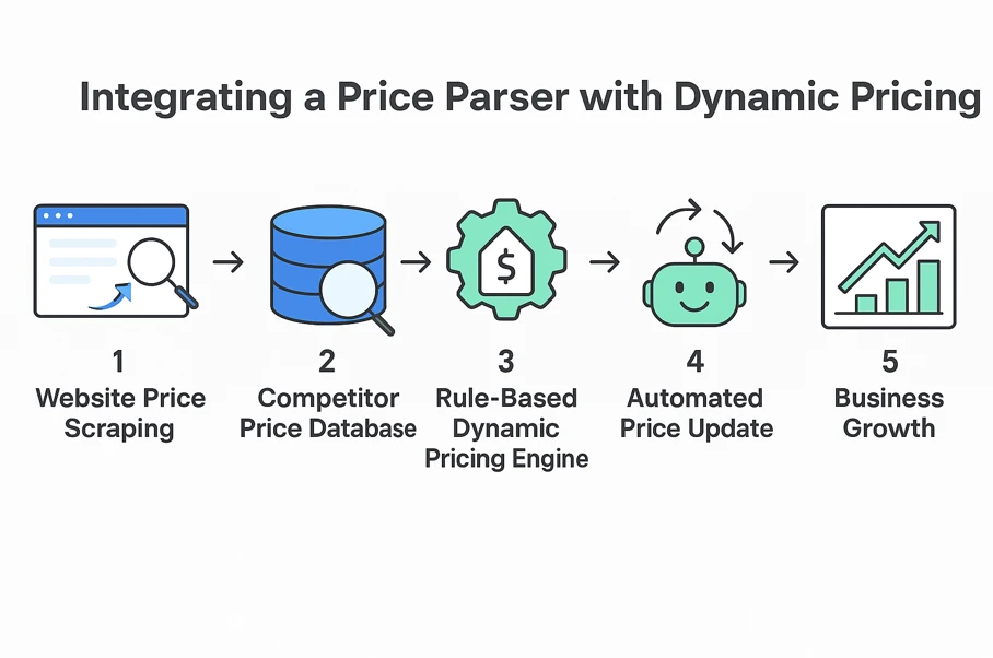 Инфографика «Интеграция парсера цен с динамическим ценообразованием» — этапы: сбор цен с сайтов, база данных конкурентов, автоматизация правил, обновление цен и рост прибыли.