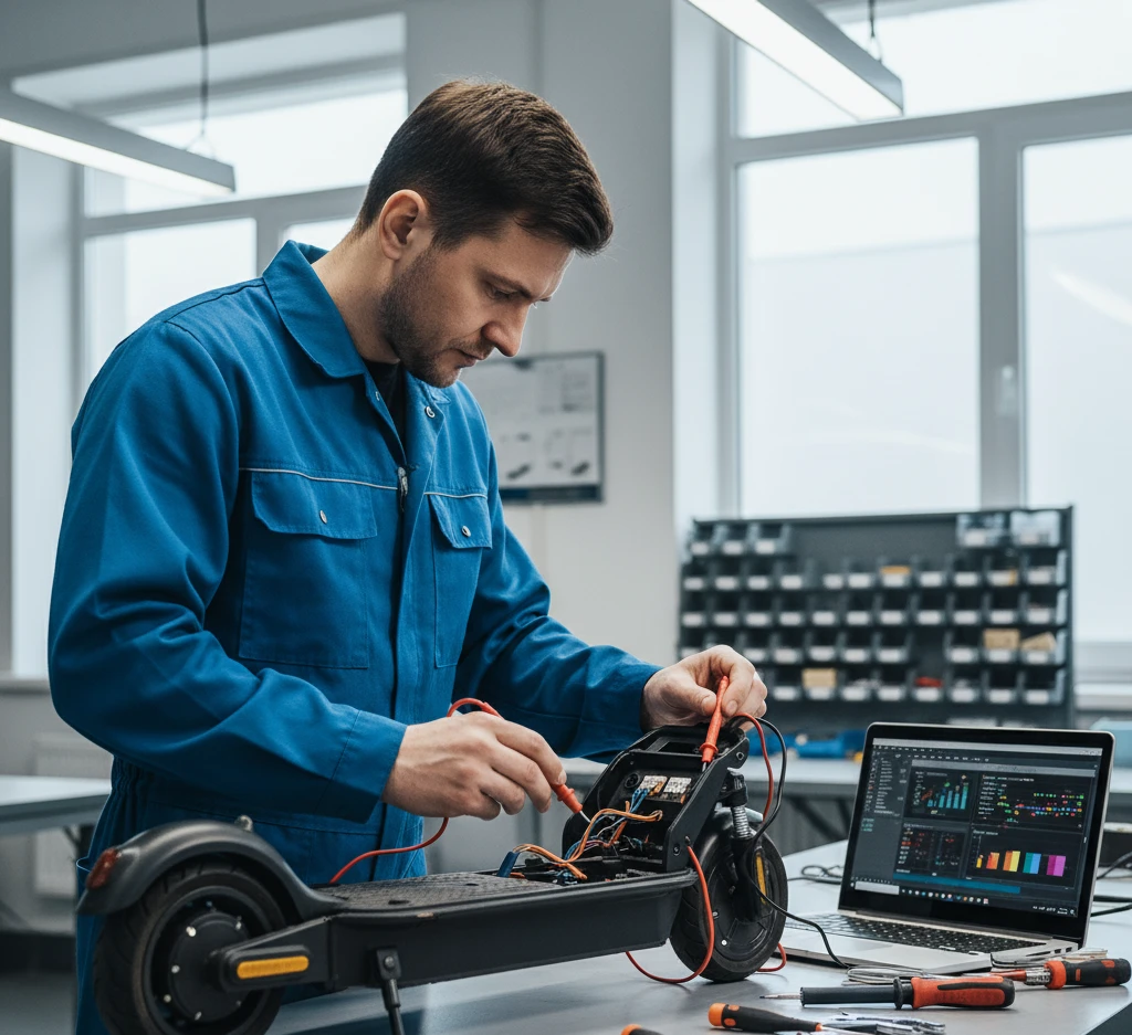 Майстер проводить діагностику електросамоката Kugoo