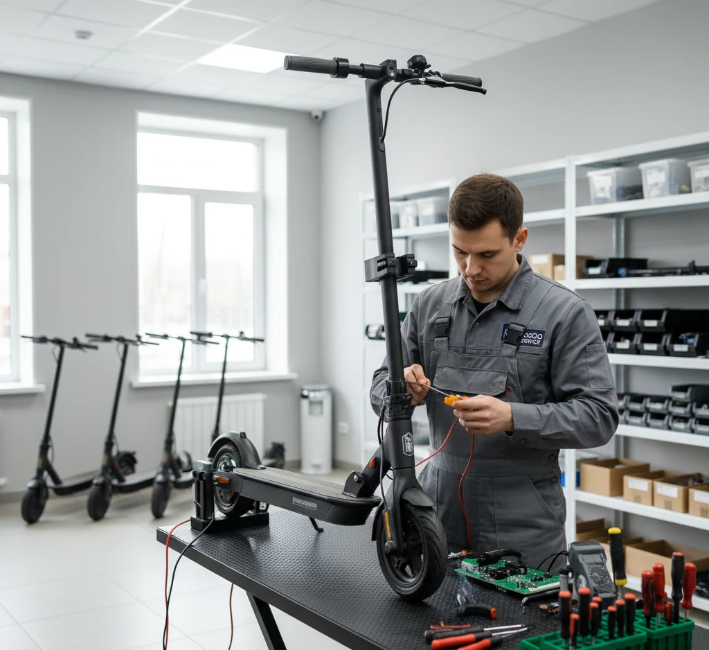 Майстер ремонтує електросамокат Kugoo в сервісному центрі