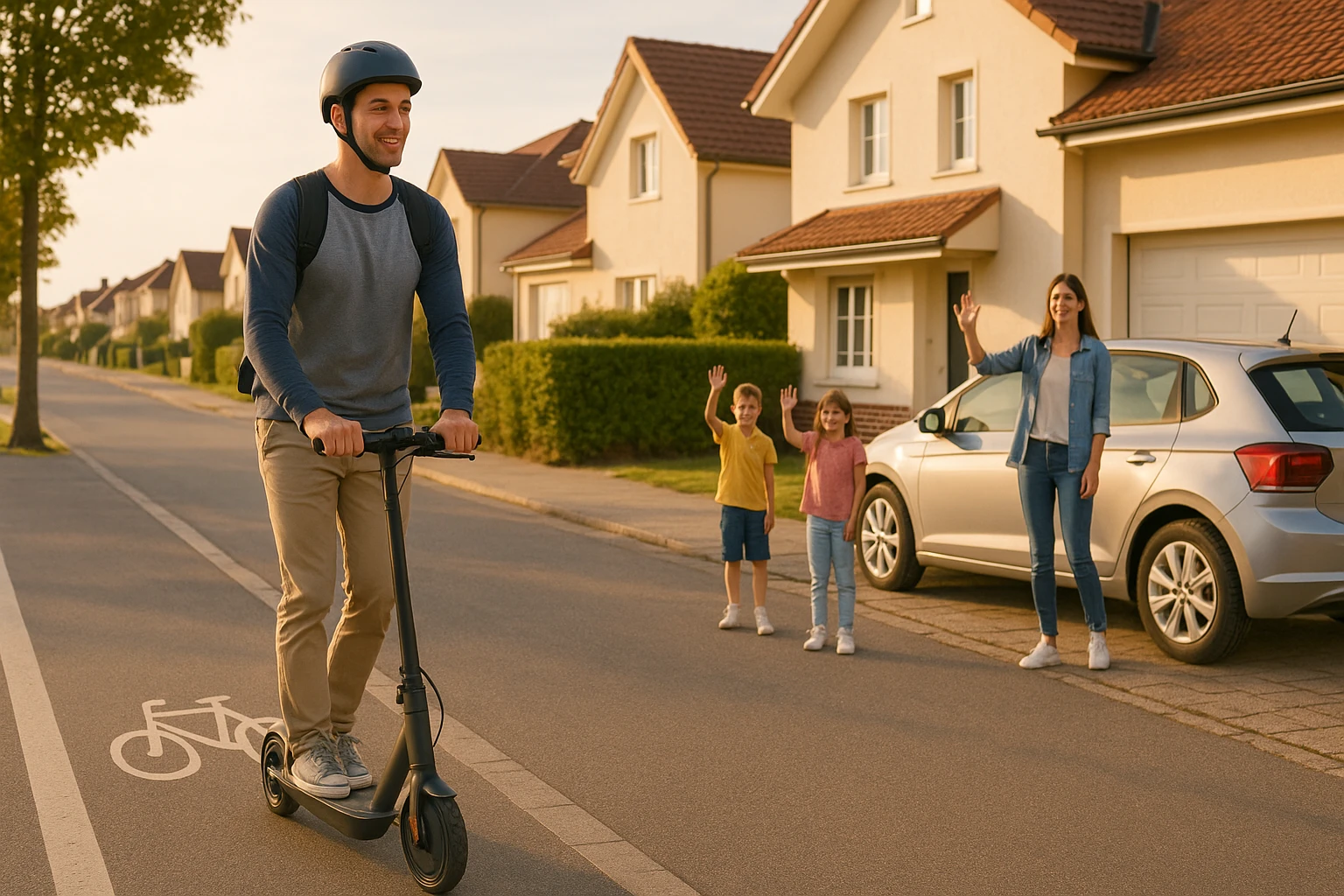 man on scooter while family is outside saying bye