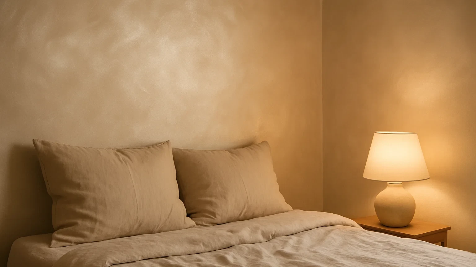 Світла стіна з декоративною штукатуркою мокрий шовк у спальній кімнаті